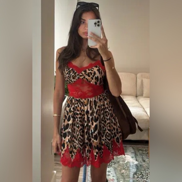 Paco Rabanne XS H&M Dress Leopard Slip Mini Red Lace NEW - Picture 8 of 8